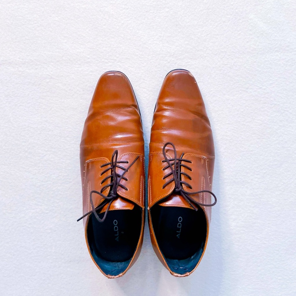 3/$30 Aldo Men Cognac Brown Oxford Lace Up Dress Shoes Round Toe Size 10.5